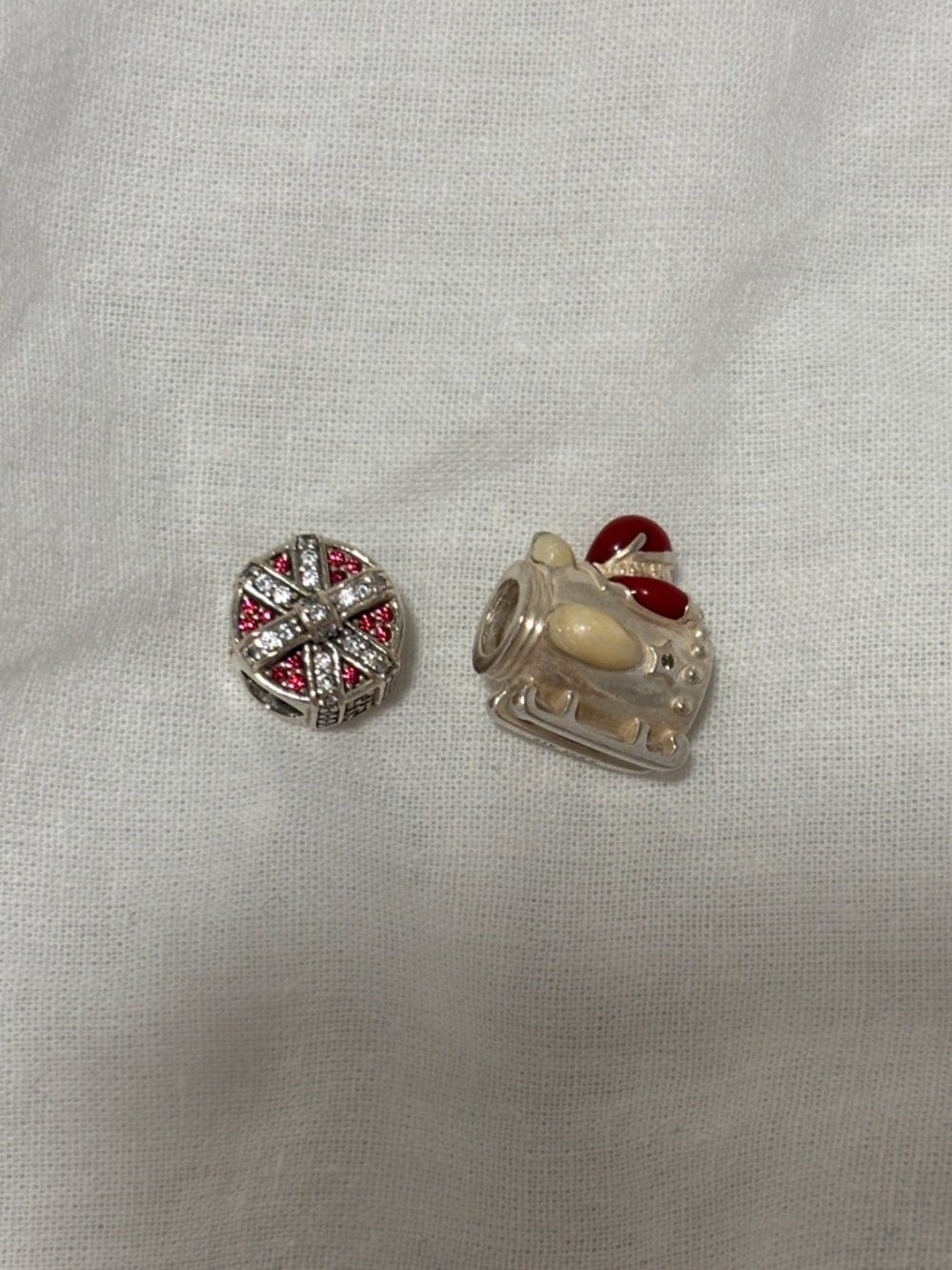 Pandora Silver Charm Set Chirstmas Santa with Red Present Gift and Cream Accents